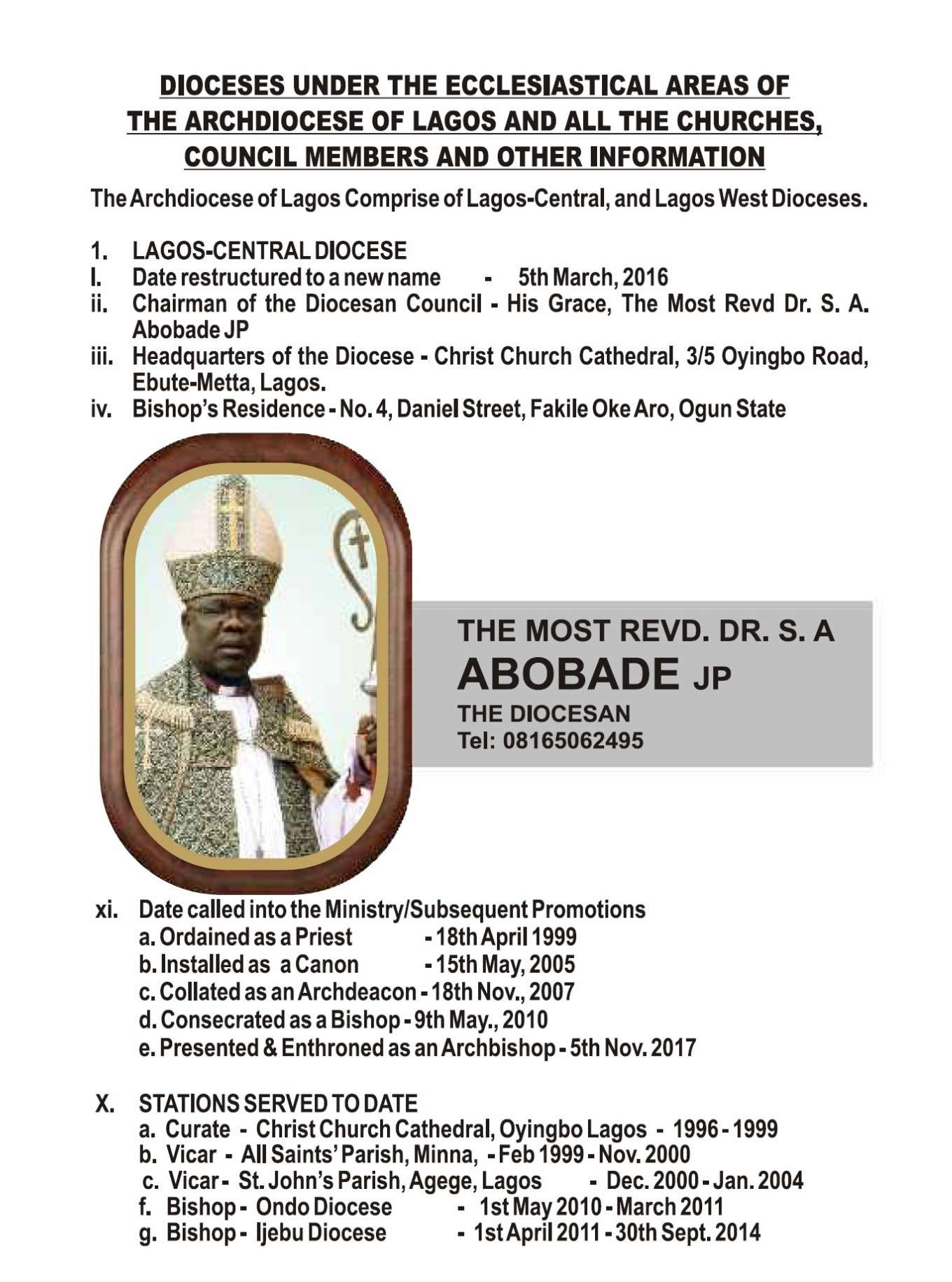Archdiocese of Lagos and its Dioceses The First African Church Mission